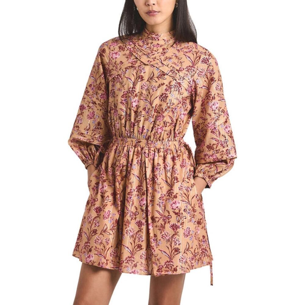 NWT Derek Lam 10 Crosby Marisol Lurex Print Voile Mini Dress Camel Multi Size 12